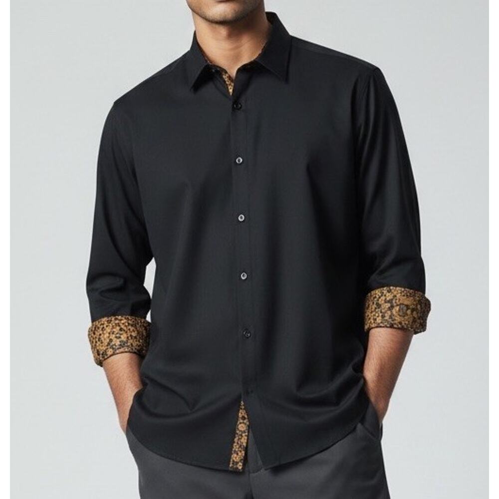 DiBanGu Men's Long Sleeve Dress Shirt Button Down Black Copper Details Size 2XL